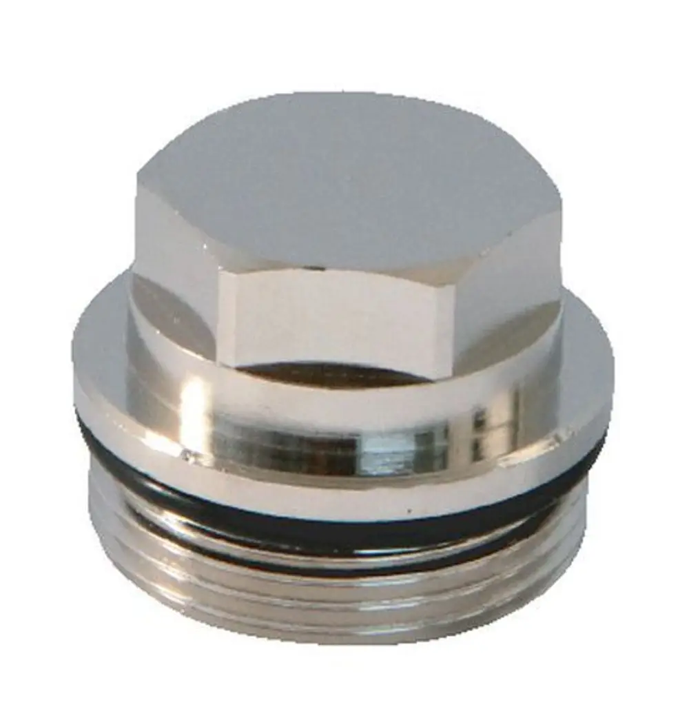 Metallische Schraubkappe mit sechseckigem Kopf und Gewinde. Zylindrische Form mit Gummidichtung zur Abdichtung, geeignet für Anwendungen von Syr.